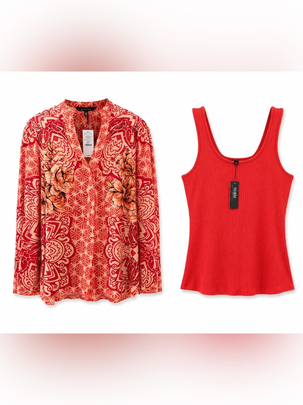 WHBM Matching Set – Mandala Print Blouse + Coral Rib Tank
Size Large (NWT)